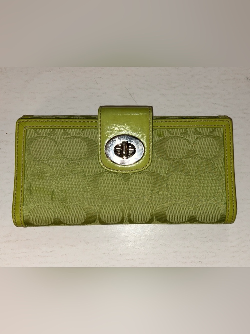 Vintage Coach Y2K Lime Green Signature Jacquard Turnlock Long Wallet